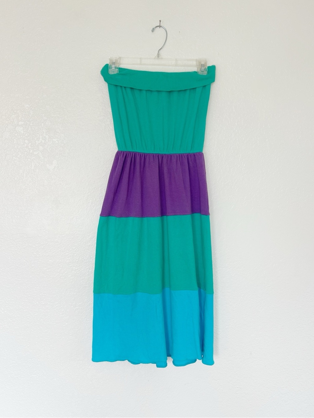 Vintage 80s 90s Candy Dress Strapless Colorblock Tier Stripe Midi Teal Purple